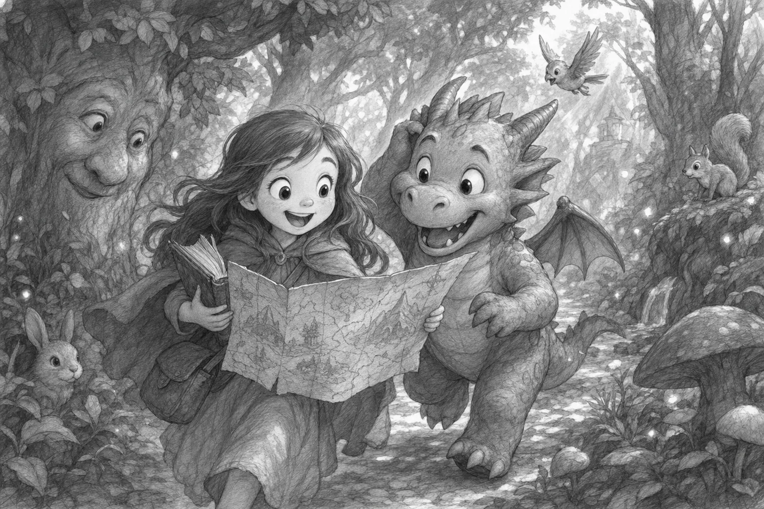 Uma menina e um pequeno dragão leem um mapa em uma floresta encantada, cercados por animais.