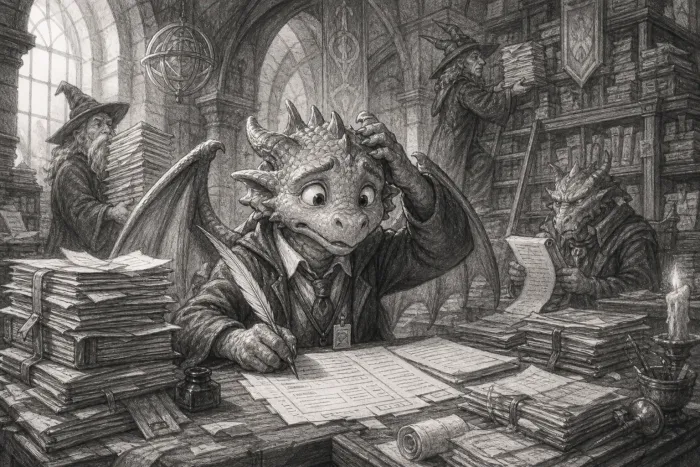 Um dragão de gravata escreve em uma mesa cheia de papéis enquanto magos observam em uma biblioteca.