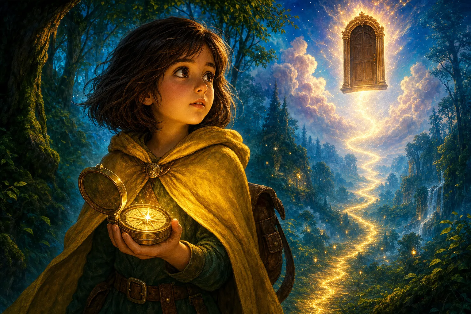 Uma menina de capa amarela segura uma bússola brilhante diante de uma porta flutuante e uma trilha luminosa na floresta.
