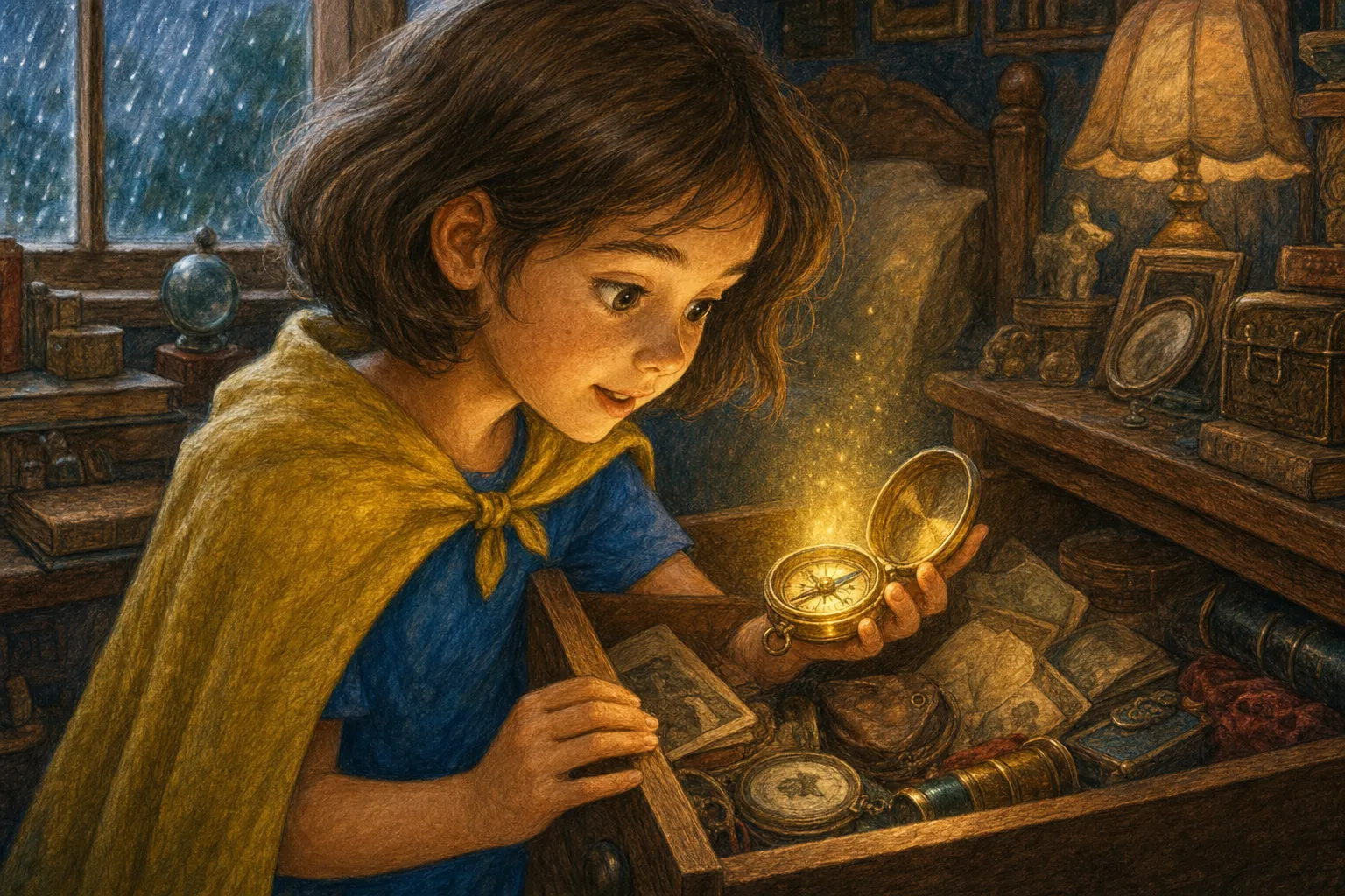 Uma menina de capa amarela examina uma bússola brilhante sobre uma mesa cheia de mapas e objetos antigos.