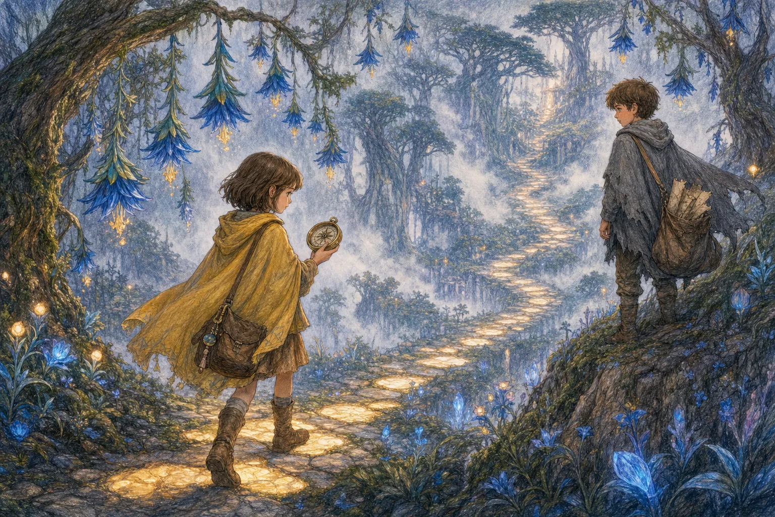 Uma menina de capa amarela segue uma trilha luminosa em uma floresta, enquanto um menino com mapas observa do alto.