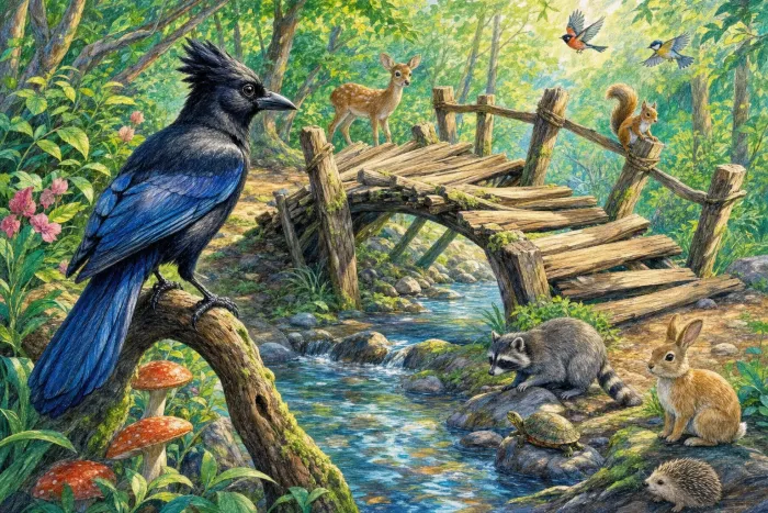 Uma gralha perto de uma ponte torta sobre um riacho na floresta.
